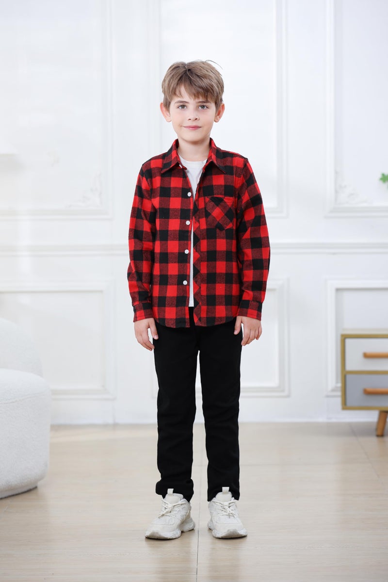 Betusline Kids Toddlers Little & Big Boys Girls Plaid Button Down Long Sleeve Flannel Shirt Tops, Flannel# Red + Black, 3-4 Years = Tag 110 - Image 4